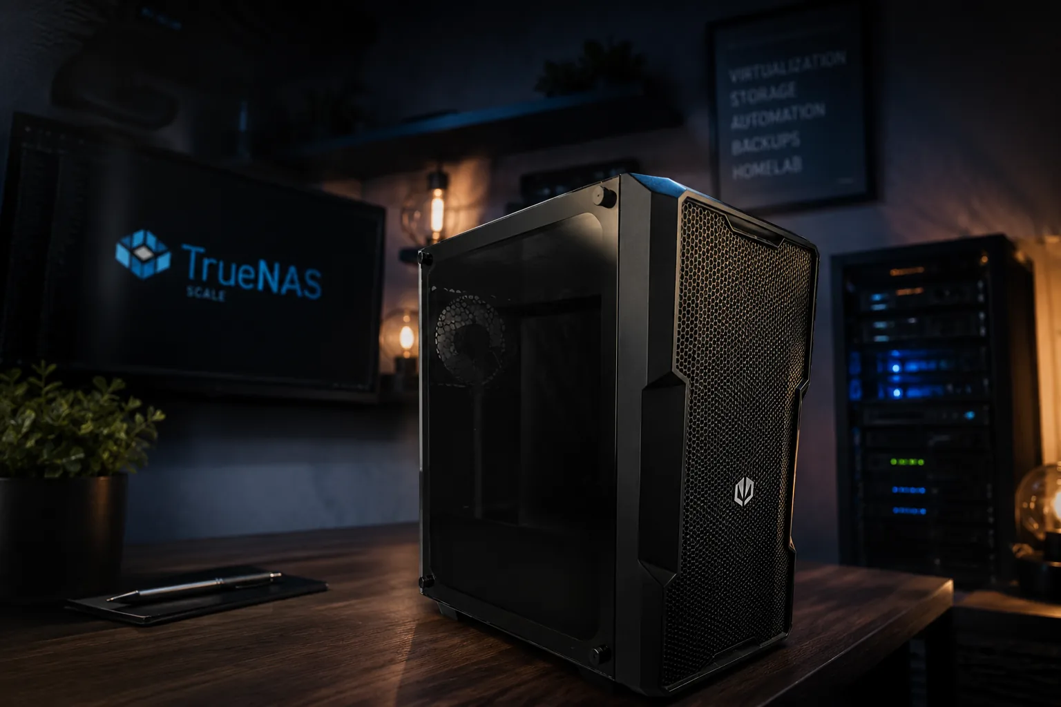 Homelab — TrueNAS tower, server rack and storage visualisation