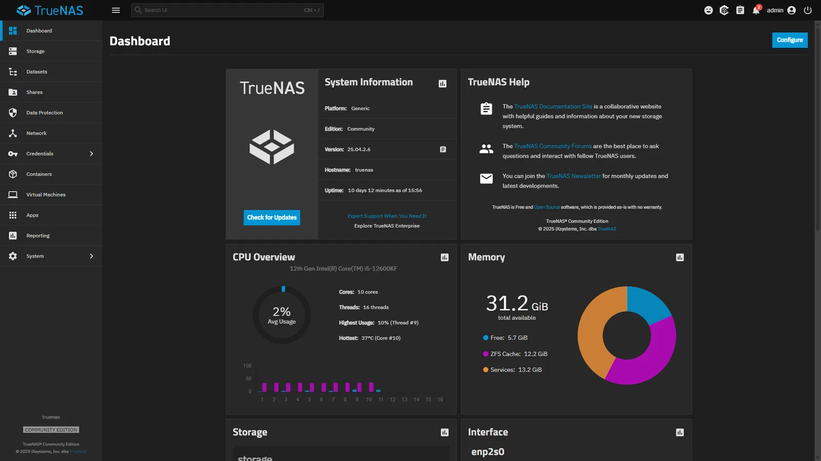 TrueNAS dashboard — system info, CPU and memory usage