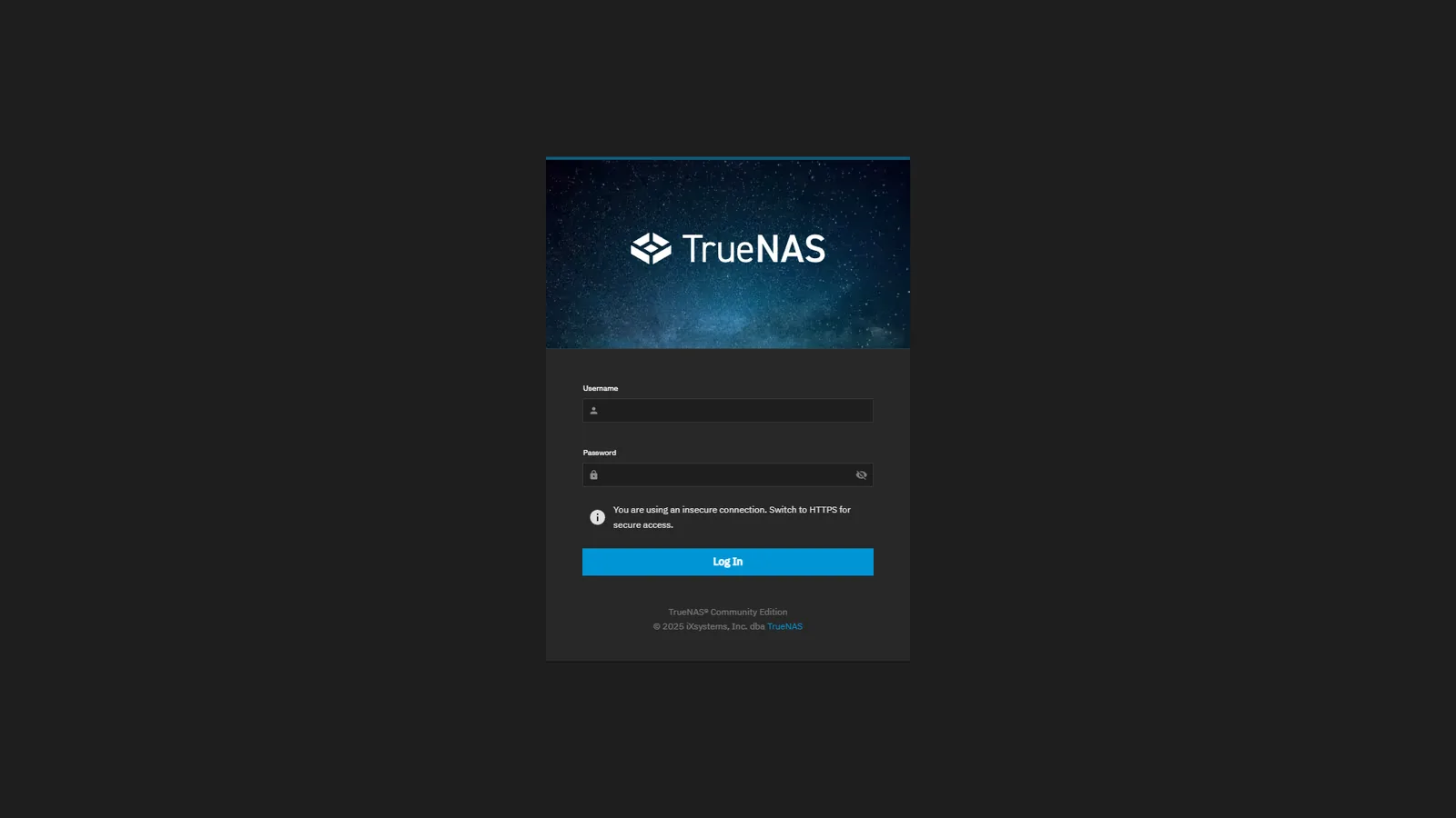 TrueNAS Community Edition login screen